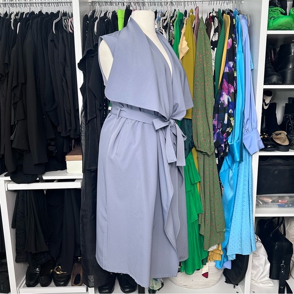 SOCIETY+ BLUE GREY OVERSIZED COLLAR BELTED VEST - Picture 2 of 5